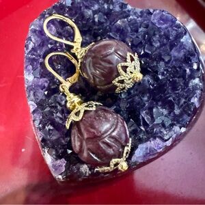 New Hand Crafted Carved Burgundy Jade Beaded Earrings